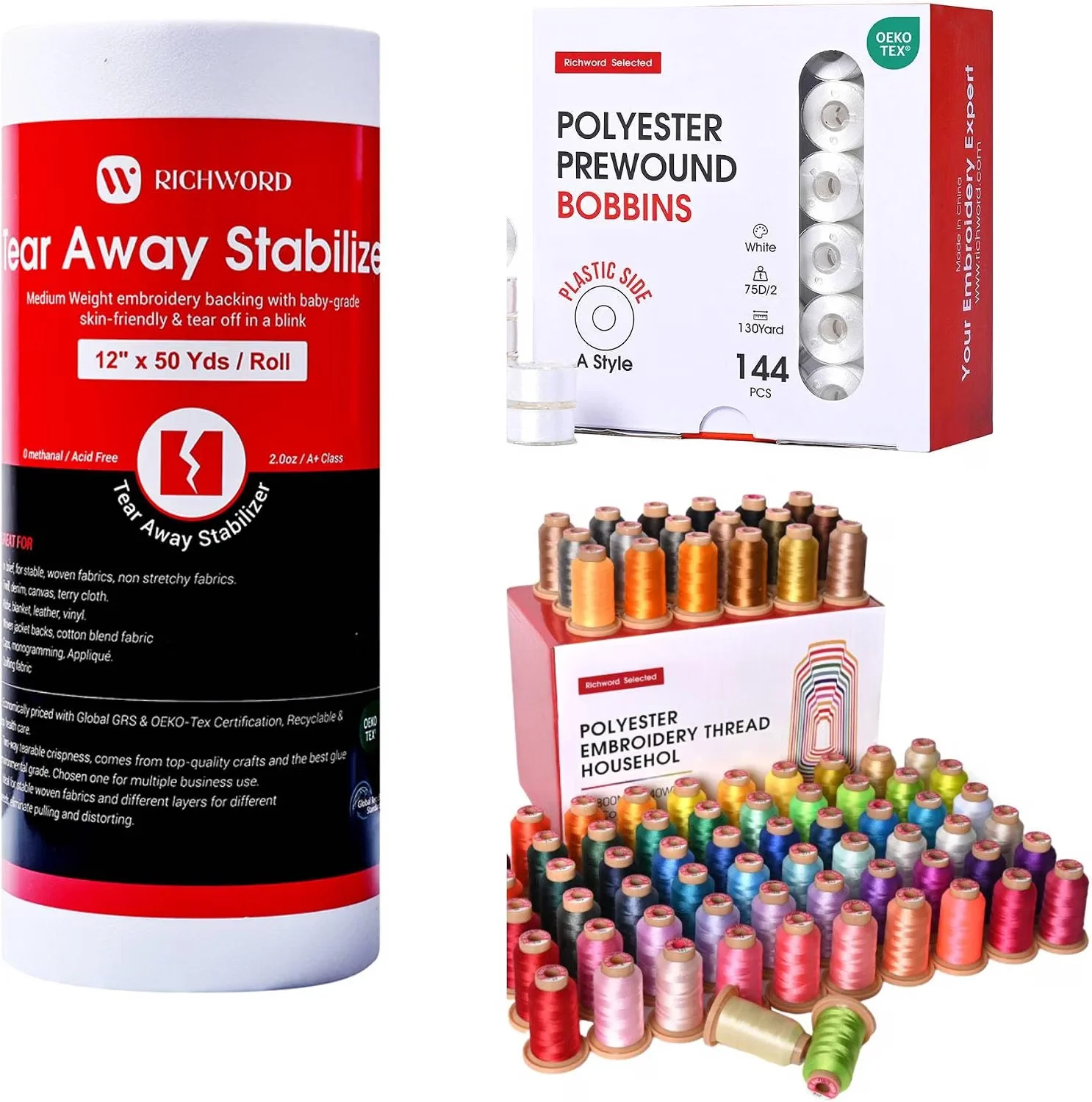 Poolin 80 Color 800M Polyester Thread Set + 144 Prewound Bobbins Size A (Class 15 SA156) + 12 X 12 Tear Away Stabilizer 100 Sheets, 2.0 oz for Embroidery Machines