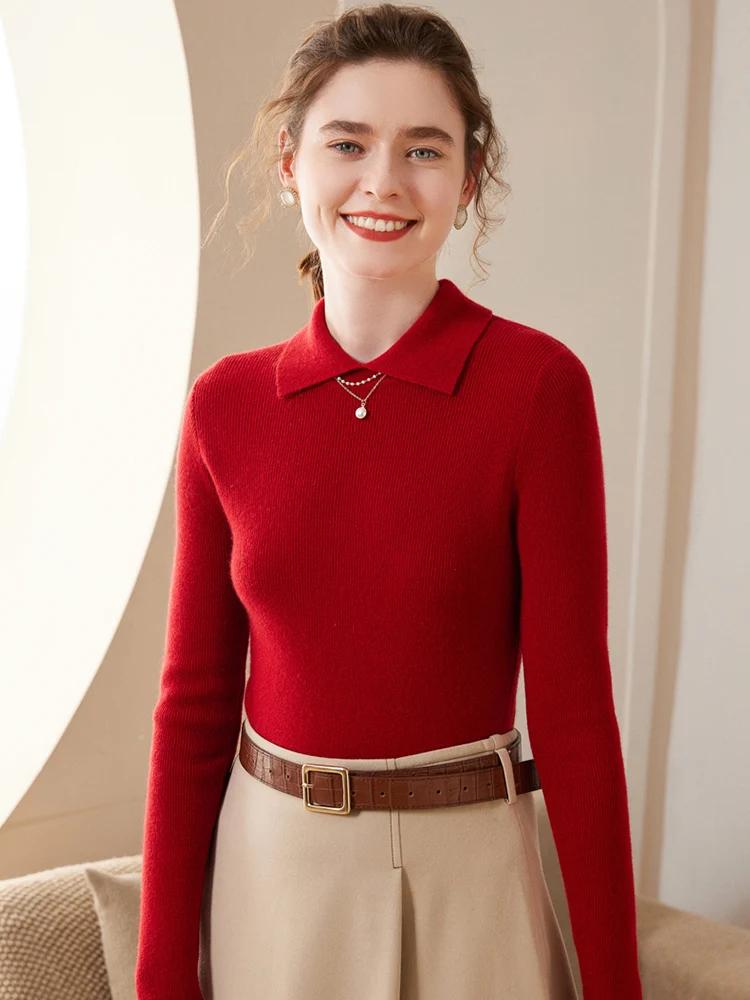 Damski sweter kaszmirowy 100%, z kołnierzykiem, wkładany przez głowę, jesienno-zimowy, dopasowany, podstawowy sweter kaszmirowy, dzianina kaszmirowa, elegancki top do biura, wysoce rozciągliwy.