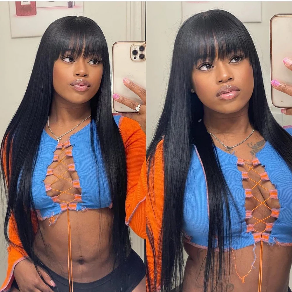 

100% Straight Human Hair Wig With Bangs Brazilian Straight Hair Wigs On Sale Full Machine Made Wig 3x1 Lace On Top