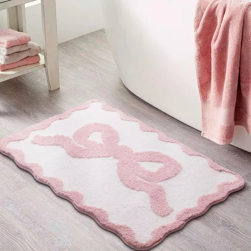 VIKAMA Cute School-Style Pink Bow Bath Mat Anti-Slip Performance, Decorative Floor Mat Ideal For Bathroom And Entryway Areas