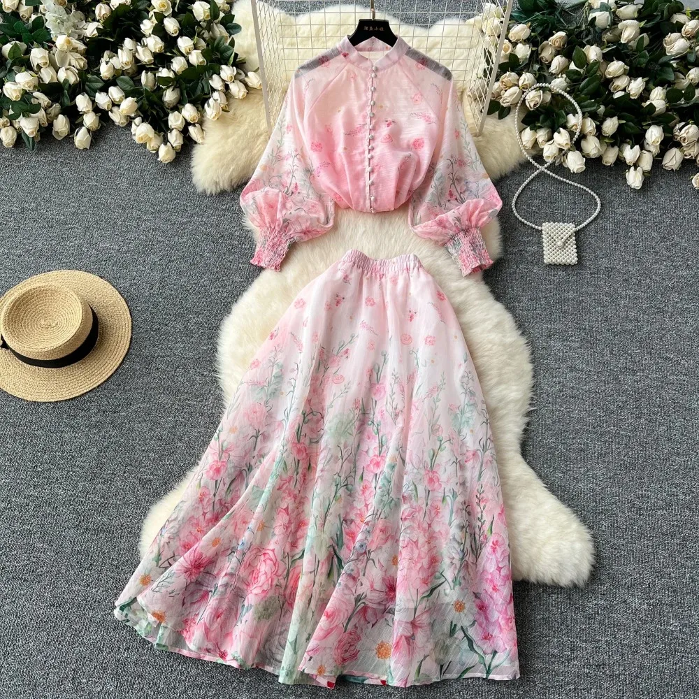 Elegant Lantern Sleeve Vintage O-neck Chic Print Breasted Top Slim High Waist Mesh Skirt French Vacation High Street Autumn Sets