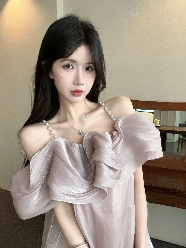 

Sweet Summer Wind Blouse One Shoulder Ruffle Hem Cover Belly Doll Shirt Ultra Fairylike Chiffon Top Korean Style Loose Fit