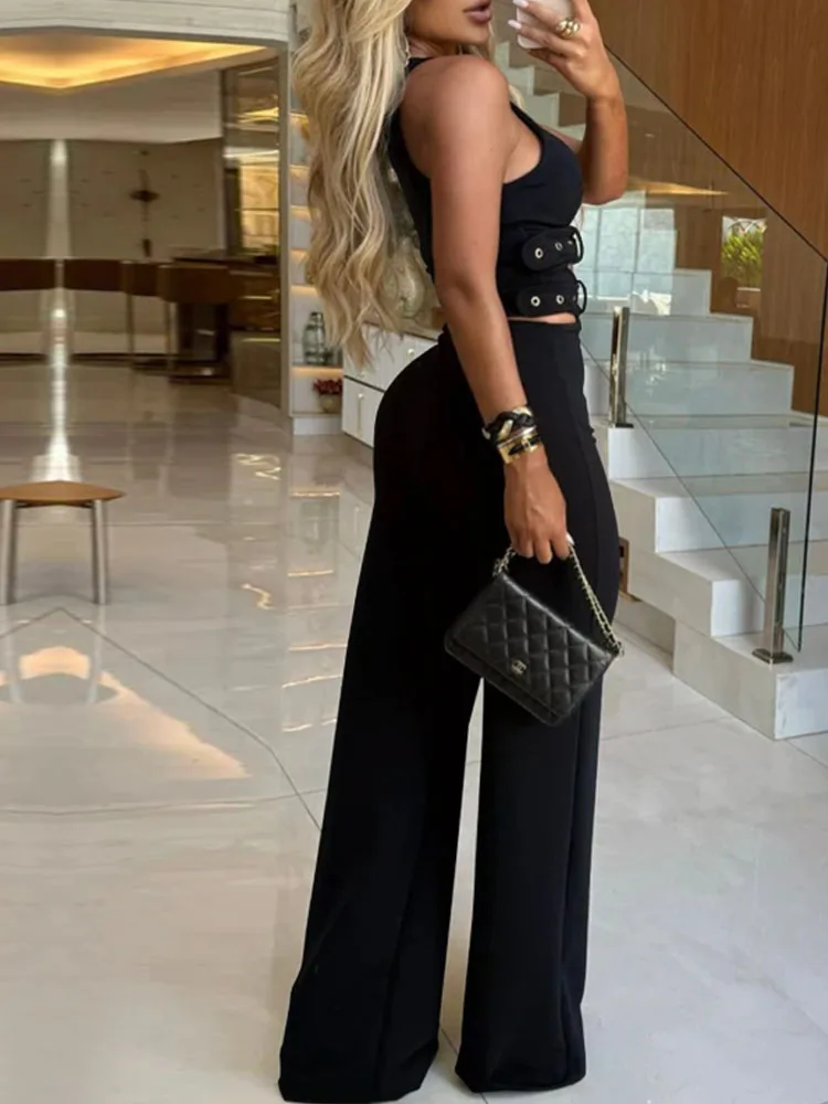 女性のセクシーな無地ノースリーブディープVネックタンクトップとハイウエストワイドレッグパンツ2点セット