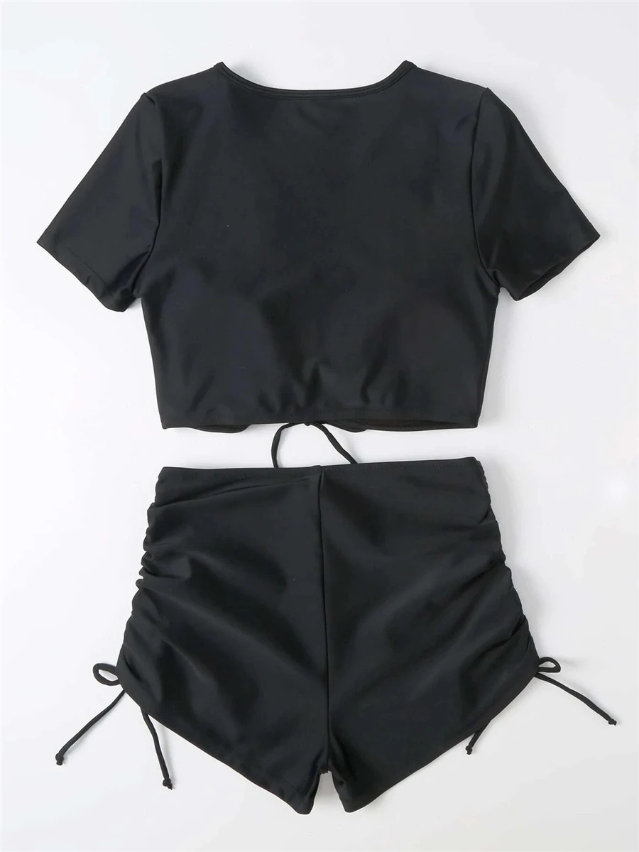 Drawstring Swimsuit 2023 Women Solid Swimwear Lady Crop Top Shorts Summer Sport Beachwear Female Bathers Bathing Swimming Sets