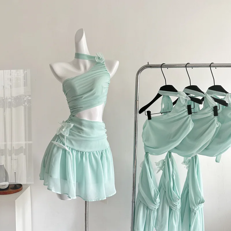 

New silk 2025 summer women's clothing design sense slanted shoulder pure sensual mesh waist-hugging dress club clothing Vestidos