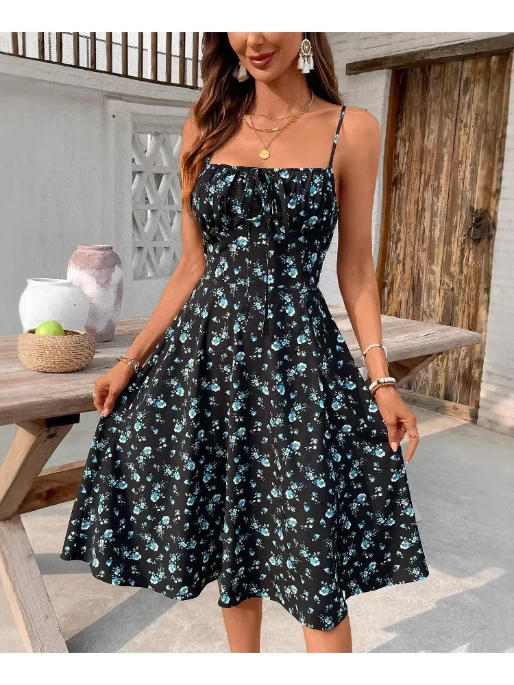2026 Frühjahr/Sommer Neue Kollektion, Damen Schlitz-Rückenfreies Schulterriemen-Kleid in Blau mit Blumenmuster und A-Linie – Detail 1