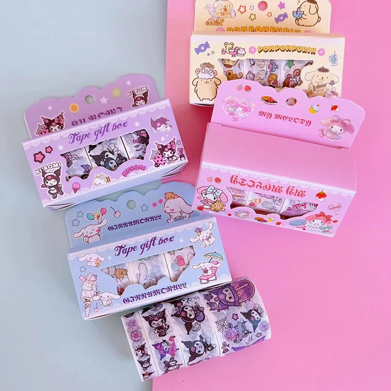 Sanrio Sticker Roll Gift Box Cute Hello Kitty Cinnamoroll Kuromi My Melody Pompompurin Hand Acount Tape Stickers Decal Kids Toys