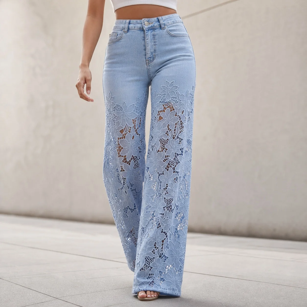 Women's Baggy High Waist Wide Leg Full Length Lightweight Patchwork Casual Jeans with Lace Trim Basic Everyday Wear Style