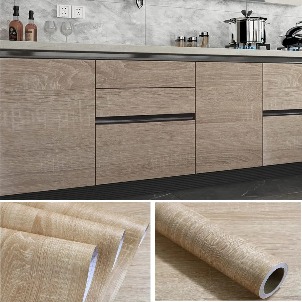 55cm Wide Self Adhesive Wood Grain PVC Wallpaper Vinyl Wall Sticker Waterproof for Kitchen Cabinet Door Furniture Home Decor