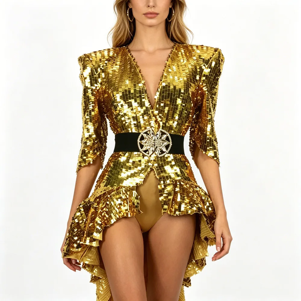 

Gold Silver Sequins Tailcoat Jazz Dance Costume Women Team Performance Clothes DJ Singer Dancer Sexy Bar Nightclub Stage Wear