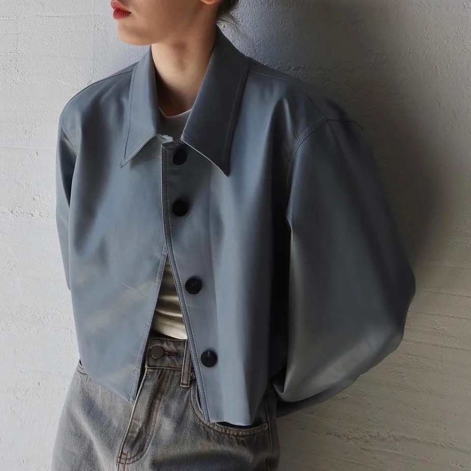 

Новая весенняя короткая кожаная куртка в ленивом стиле, тихий синий кардиган с длинными рукавами, простая женская модная верхняя одежда с лацканами