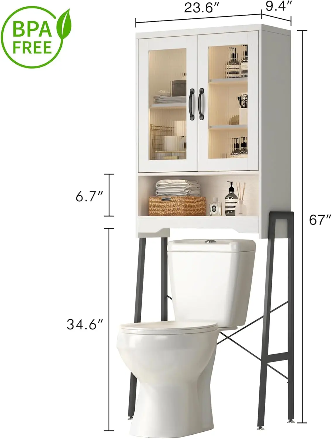 Over The Toilet Storage Cabinet with Tempered Glass Doors & Metal Stand, Over Toilet Organizer with Adjustable Shelf Space Saver