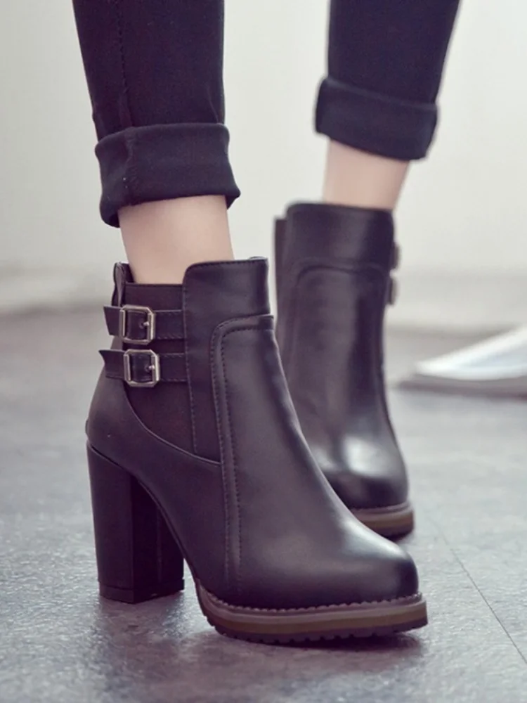 Women Shoes 2023 Autumn Size 43 Retro Black Pumps Belt Buckle Short Boots Fashion Heeled Ankle Boots Women Zapatos Mujer