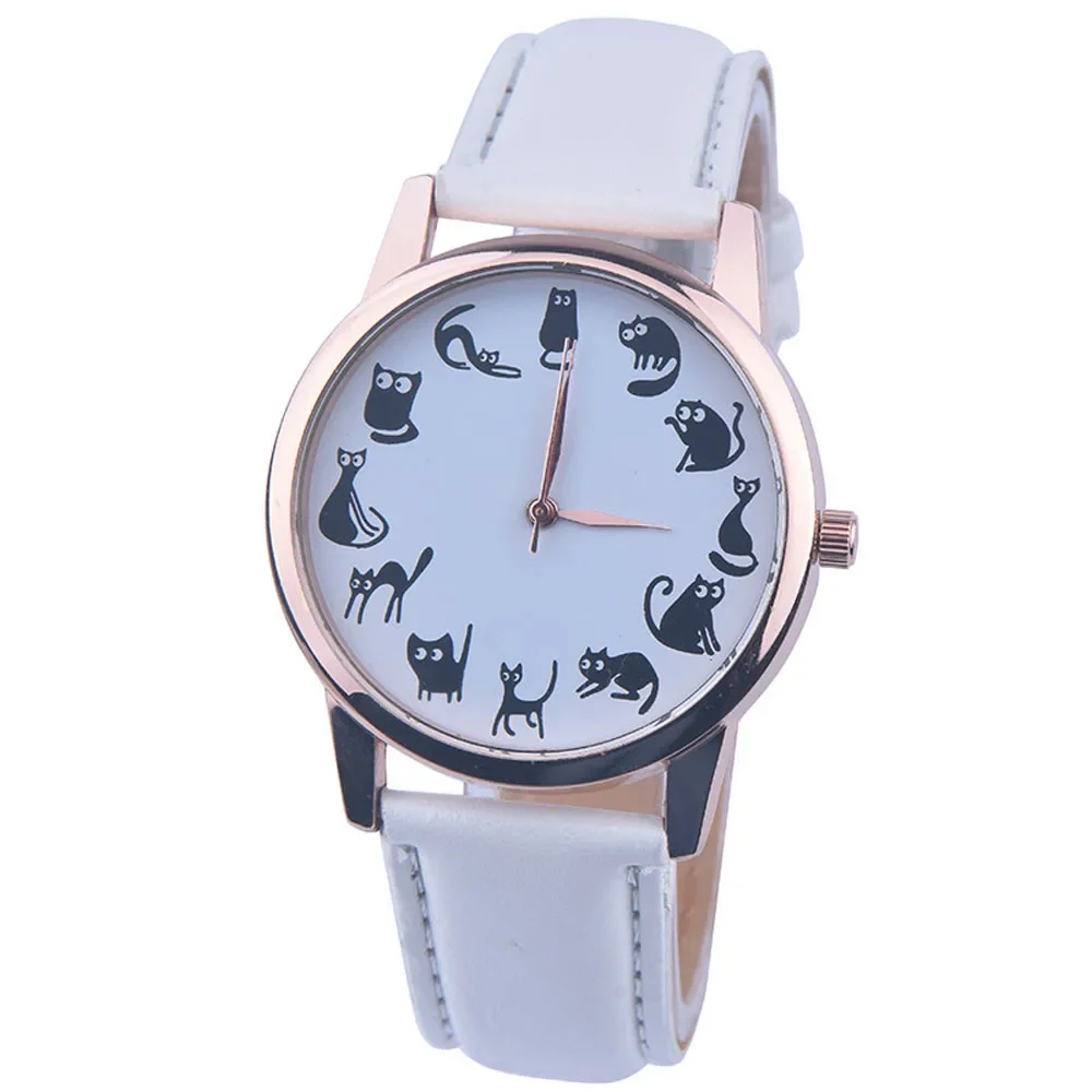 Fashion Women Watches Casual Cartoon Cat Pattern Leather Strap Quartz Watch Women Relogio Feminino Bayan Kol Saati Relojes