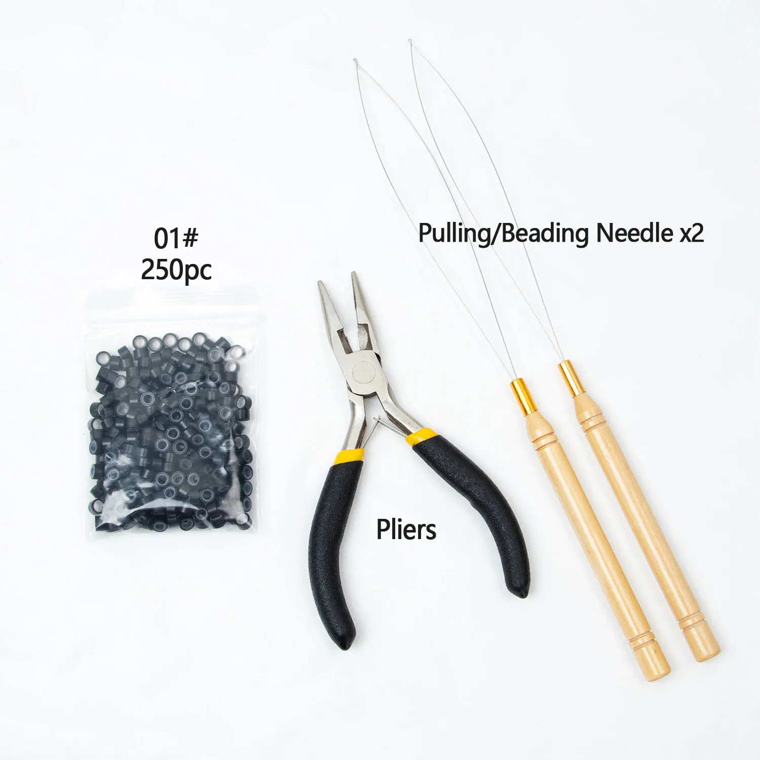 

Wig installation kit includes hair extensions pliers, Beading tool and 250pcs silicone rings for hair extension accessories