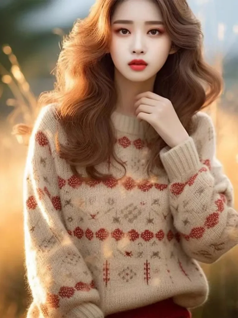 เสื้อสเวตเตอร์ถักไหมพรมผู้หญิง สไตล์เกาหลี เสื้อผ้าฤดูหนาว แฟชั่นหลวมๆ สไตล์ลำลองสำหรับฤดูใบไม้ร่วง เสื้อจั๊มเปอร์ลายแจ็คการ์ด แขนยาว เสื้อพูลโอเวอร์ผู้หญิง