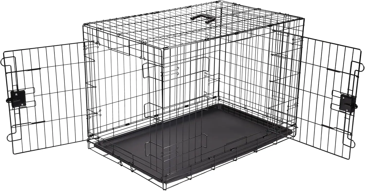 

Durable Foldable Metal Wire Dog Crate with Tray, Double Door, 36x23x25 in Black for Pets