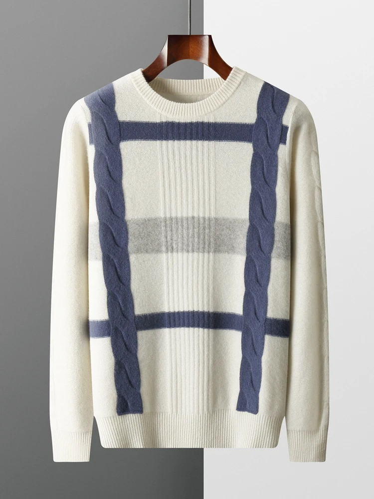 

Autumn Winter Men Sweater Thick O-neck Twisted Flower Contrast Wool Pullover 100% Merino Wool Knitwear Cable Knit Comfy Sweater