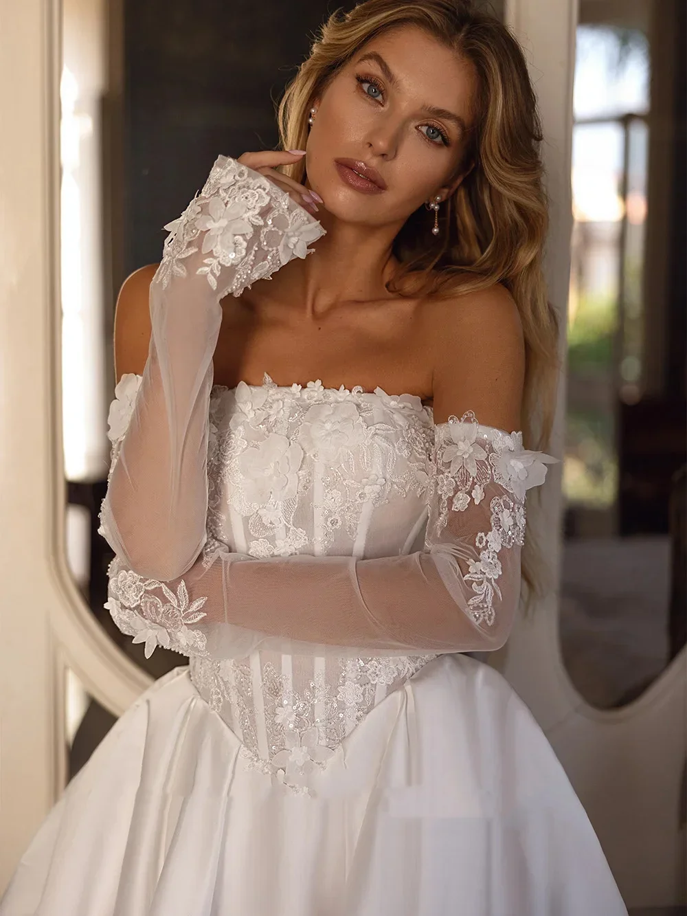 تخصيص فساتين الزفاف الساحرة حمالة انفصال الأكمام الكاملة الزهور زين الساتان زي العرائس Vestidos De Novia