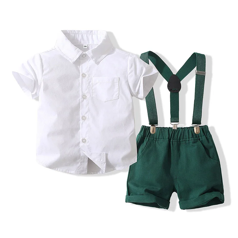 

Toddler Boy Outfits Elegant 1-5Years Gentleman Button Bowtie Shirt with Suspender Shorts Formal Clothes