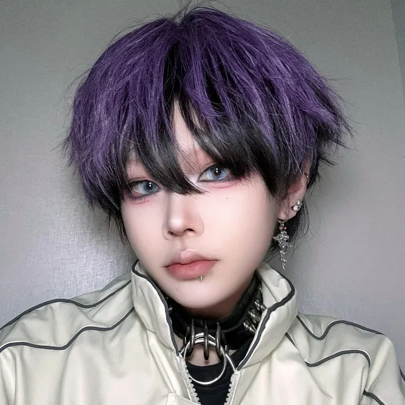 

LQBlack Purple Wave Short Hair Synthetic Wig for Men Fashion Personality Dark Purple Cosplay Wig