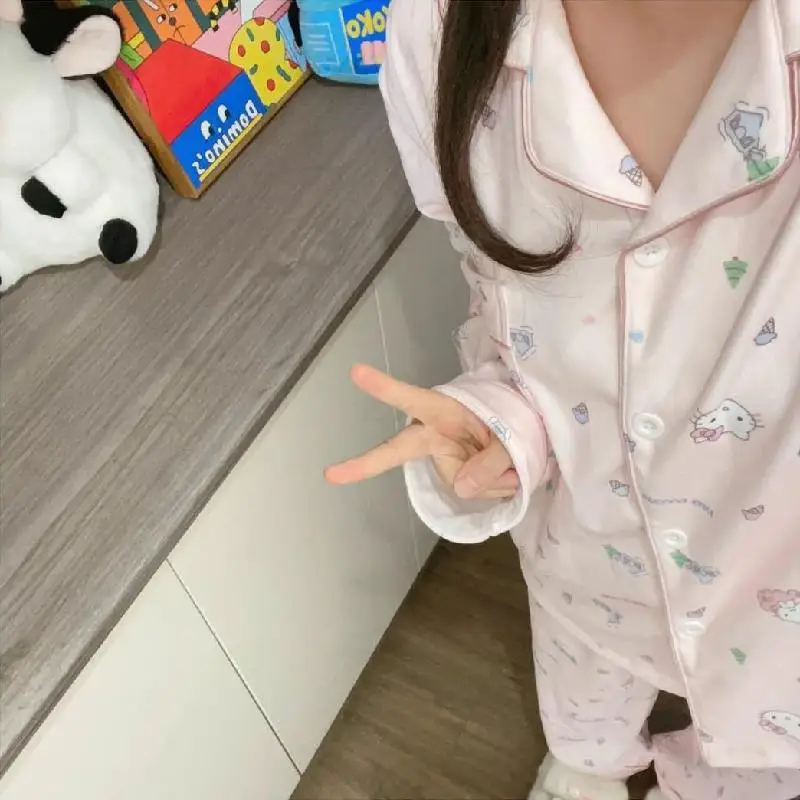 Hello Kitty Pajamas Sanrio Home Clothing Girl Kawaii Autumn Winter Keep Warm Set Soft Comfortable 2Pcs New Cartoon Long Sleeves