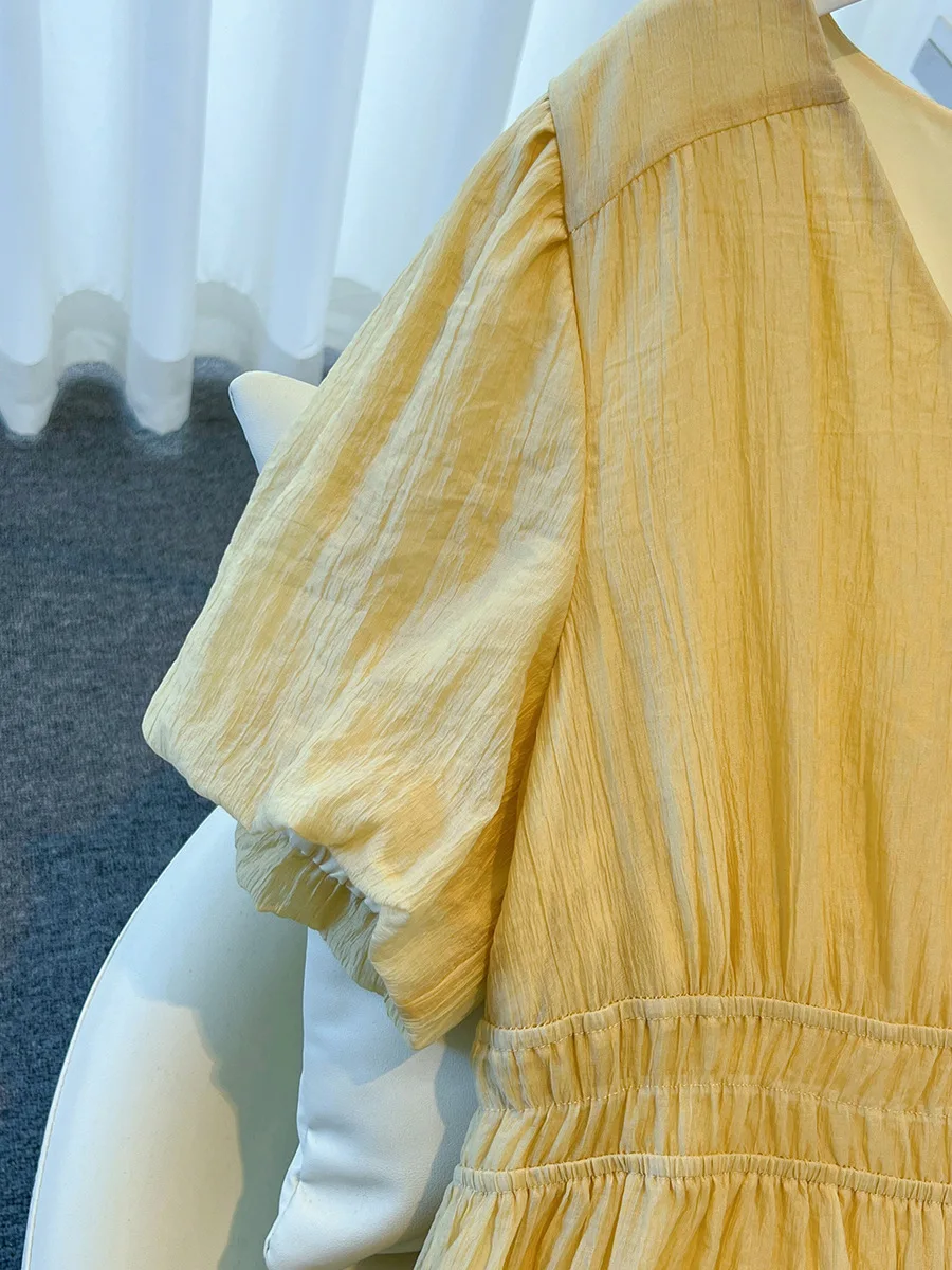 150 kg grote maten dames buste 143 zomer losse zachte stijl v-hals taille cinched jurk geel 4xl 5xl 6xl 7xl 8xl