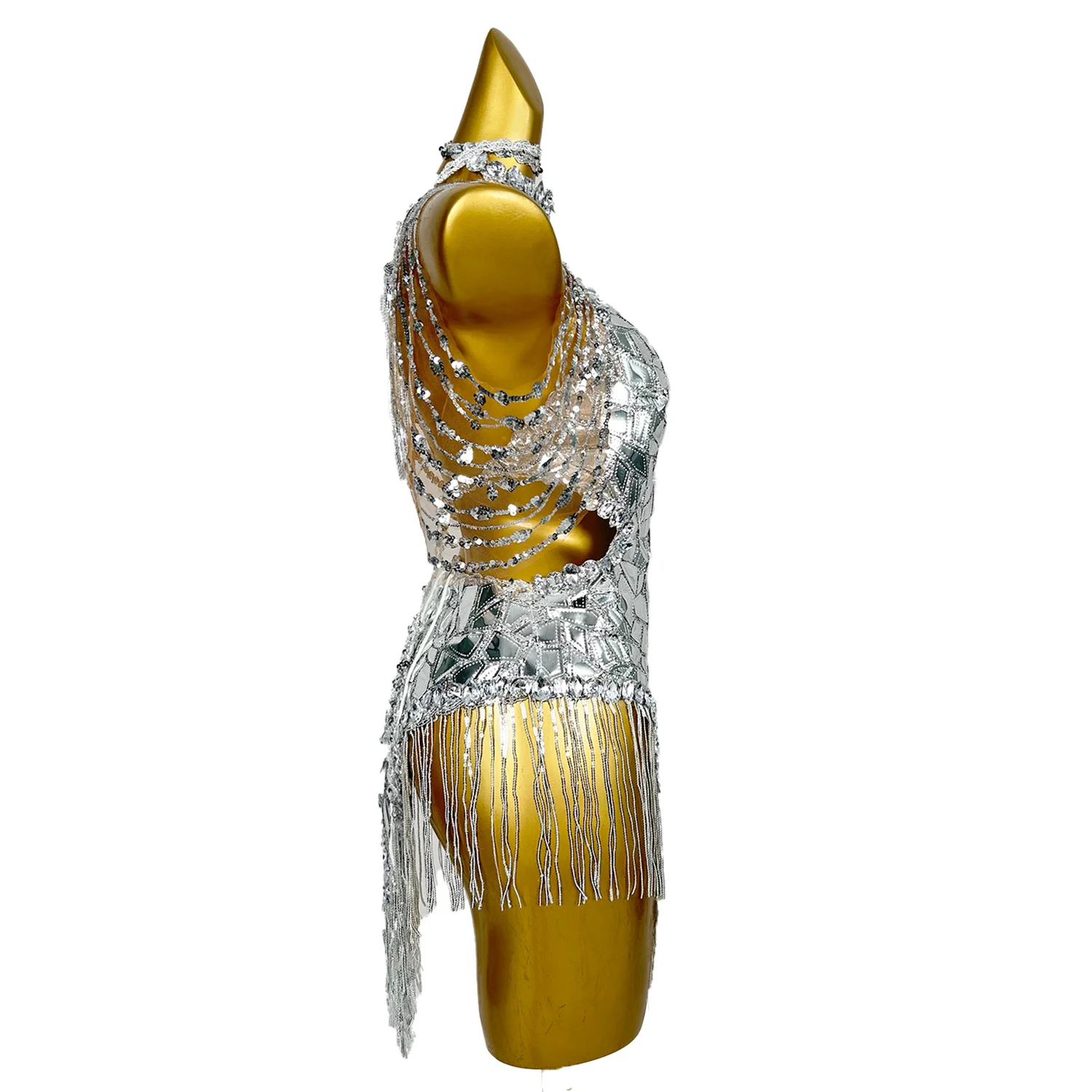 Sparkly Shinning Sequins Dresses Women Dancer Gogo Nightclub Party Dresses Silver Tassel Night Out  Drag Queen Outfit Mojing