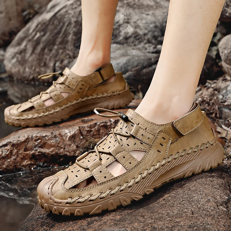 Summer Men Soft Soled Sandals Hand Sewn Dual-use Shoes Breathable  Non Slip Outdoor High-end Leisure Sports Beach Shoes