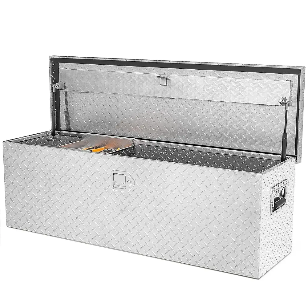 

48 H Tru Bed Tool Box, Heavy Duty Aluminum Diamond Plate Tool Box Chest, Waterproof Chest Storage Box With Sliding Shelf And Lo