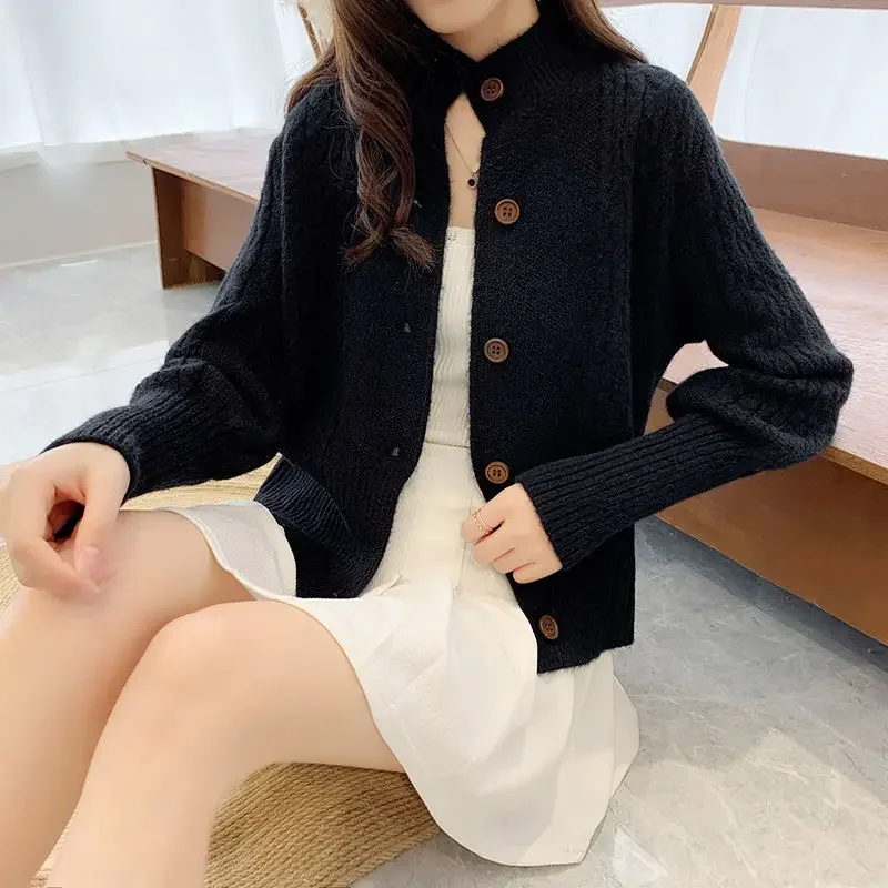 Autumn Winter Women\'s Cardigan Solid Long Sleeve Screw Thread Button Knitted Slim Fashion Stand Collar Sweater Coat for Female