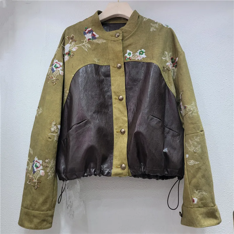 

Vintage Olive Green Short Jacket 2025 Autumn New Heavy Embroidery Patchwork Leather Jacket for Women with Unique Design
