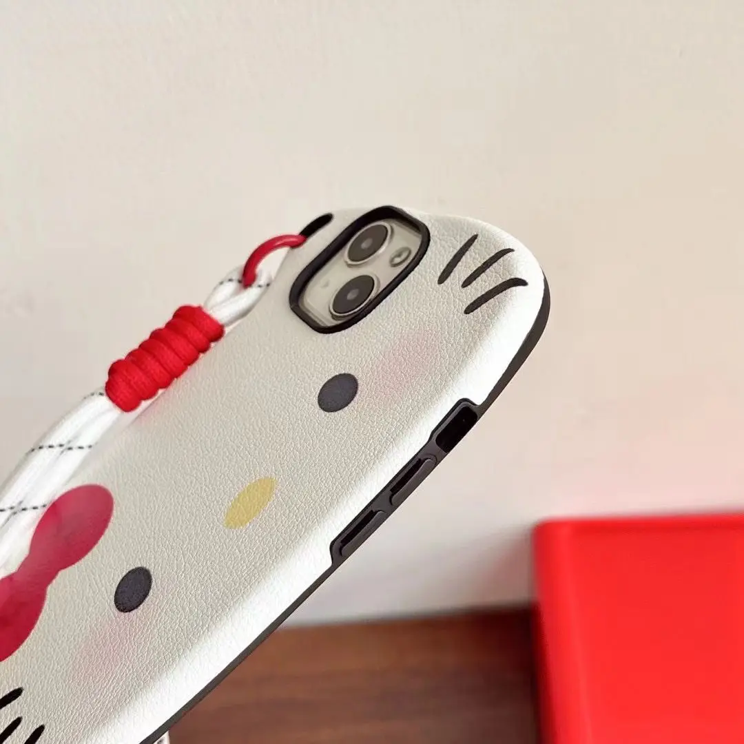 الكرتون الجلد الملمس أحمر الخدود مرحبا كيتي شريط للرسغ جراب هاتف آيفون 16 برو ماكس 15 برو 14 13 التغطية الكاملة الهاتف واقية #6
