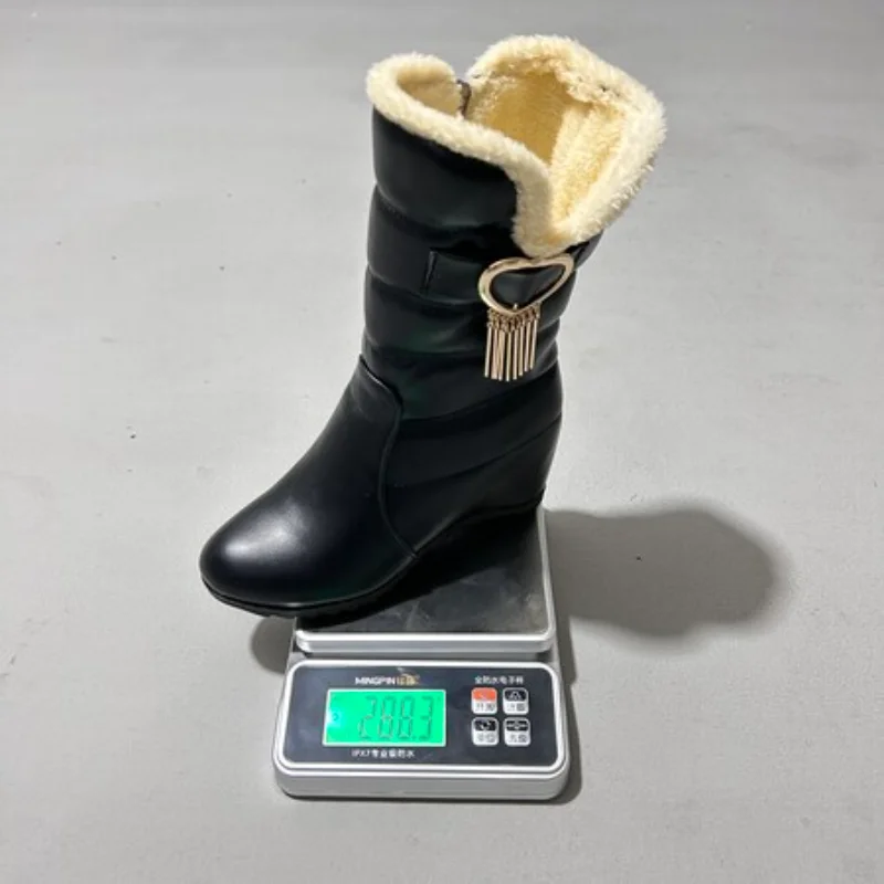 Fashion Women's Winter Fur Snow Boots Black White Mid-calf Boot Female Wedge Heels Decoration Footwear Shoes Ladies Large Size image 5