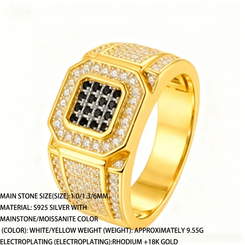 خاتم مطلي بالذهب عيار 18 قيراط من الفضة الإسترليني S925، خاتم مثمن كامل مويسانيتي مرصع على طراز الهيب هوب للرجال والنساء جوهرة الحفلات الفاخرة #2