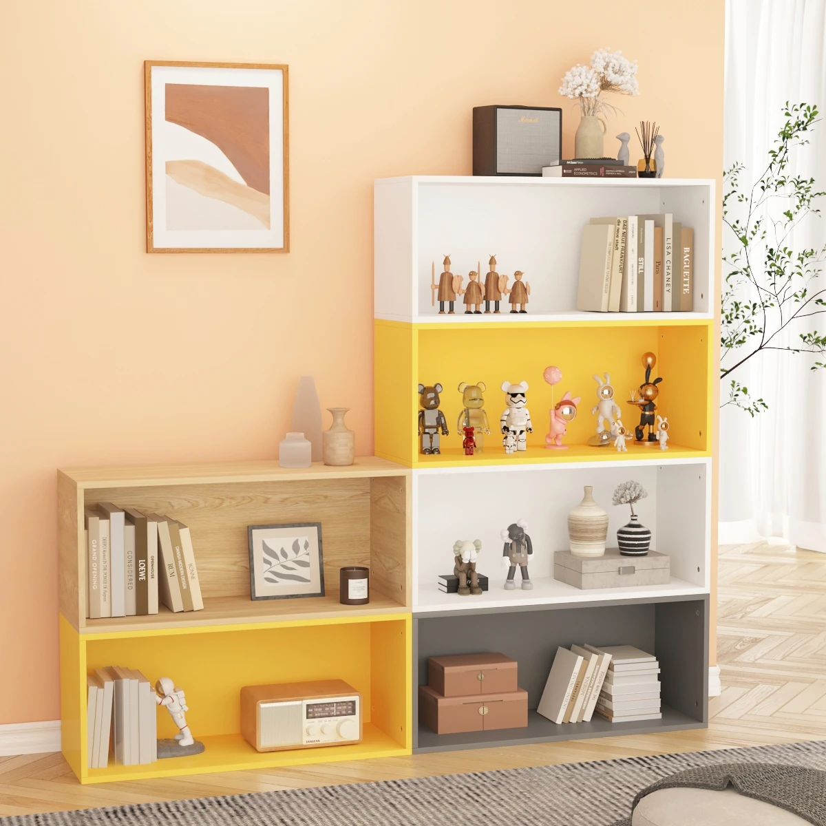 

Free combination grid cabinet, bay window bookshelf, storage cabinet, bookshelf with glass door, floor standing low cabinet