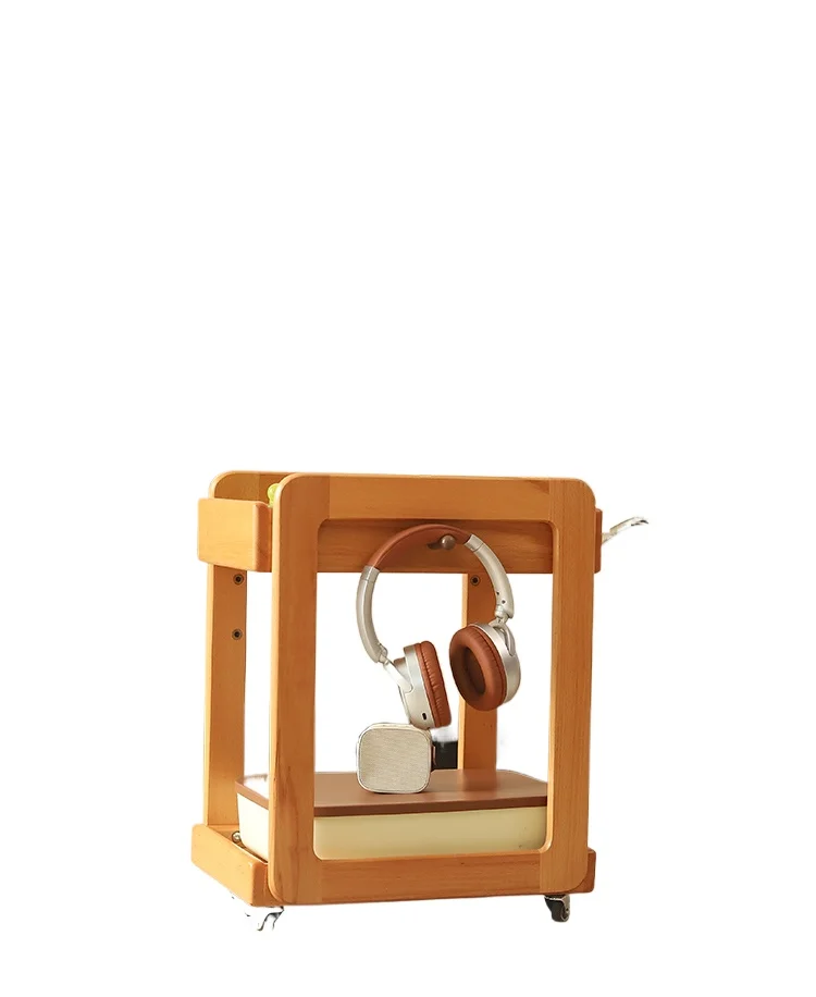 

All solid wood beech children's schoolbag rack, movable bookshelf storage trolley next to the table and under the table