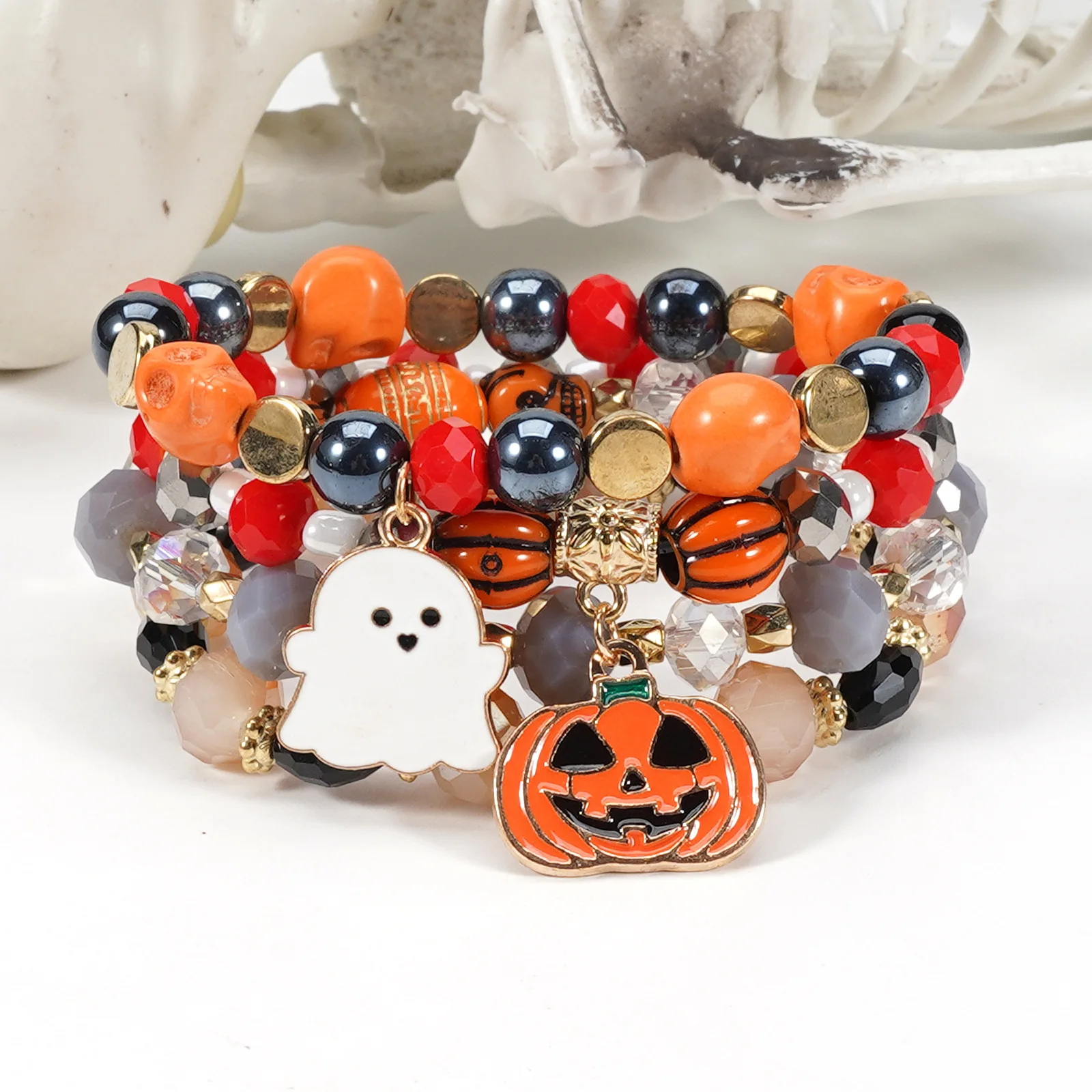 4pcs For Halloween Multi-layer Bat Pumpkin Spider Hanging Bracelet Soft Clay Beading Party Bracelet For Halloween Bracelet