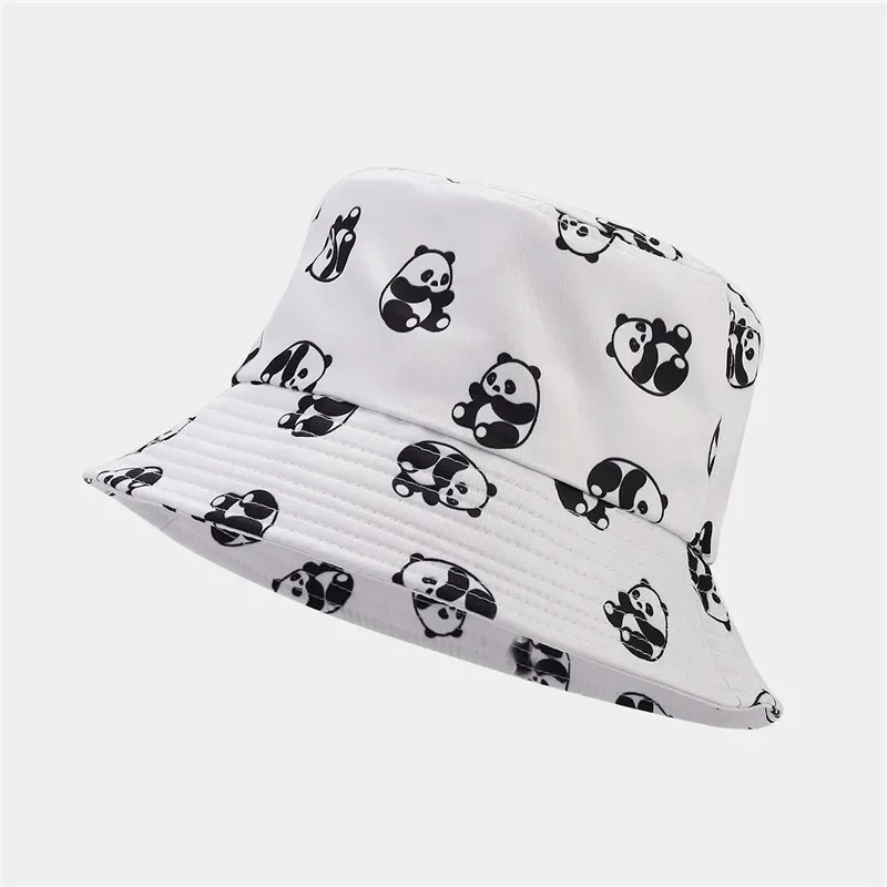 Summer Polyester Cartoon panda Print Bucket Hat Fisherman Hat Outdoor Travel Sun Cap for Men and  Women 08