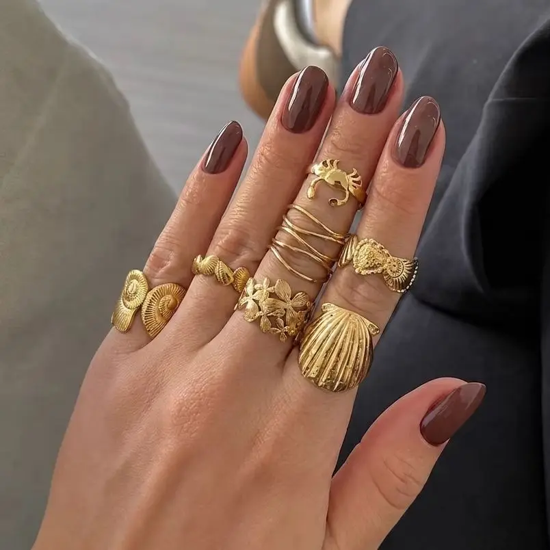 Stainless Steel Shell Crab Flower Spiral Geometric Open Ring Women's Summer Vacation Style Stackable Rings Jewelry Gift