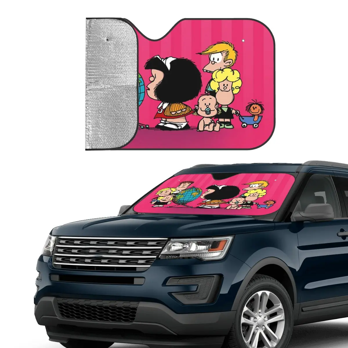 Mafalda Cartoon Pink Fold-up Windshield Sunshade 76x140cm Anime Collage Aluminium Foil Car Sunshade Blinds