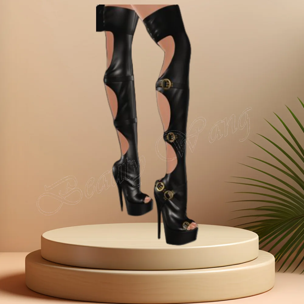 

Black Back Hollow Boots Side Buckle Platform High Heel Thigh High Shoes Thick High Heel Shoes for Women 2024 Zapatillas Mujer