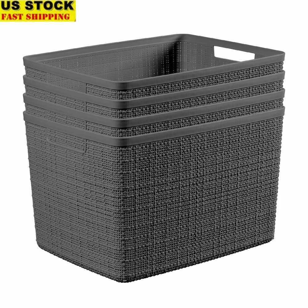 

Durable Jute Storage Bins Set of 4 Lightweight Organizers with Cut-Out Handles Kitchen Home Office Closet