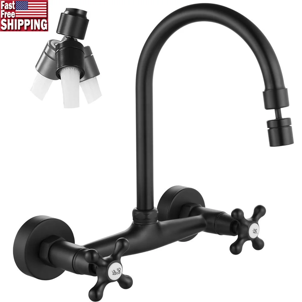 Double Cross Handles Wall Mount Kitchen Faucet Sprayer 360 Degree Swivel Spout Corrosion Resistance Easy Installation Commercial