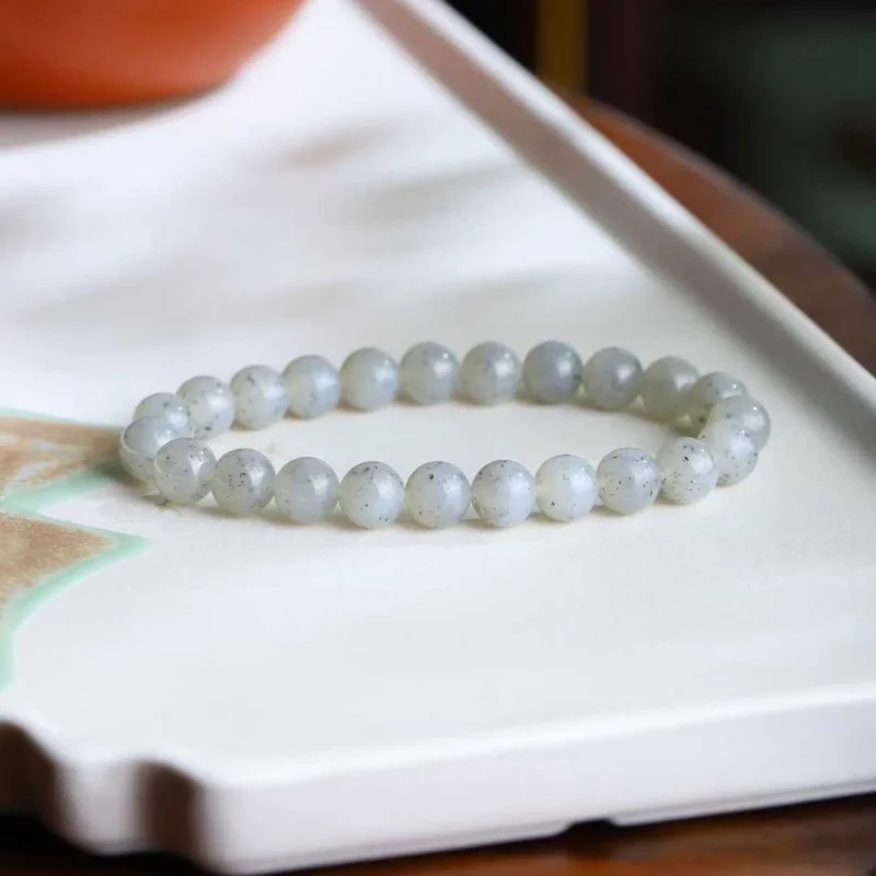 Natural Hotan Jade Blue White Old Material Beads, Smooth Lustrous Bracelet Men and Women, Single-loop Brace