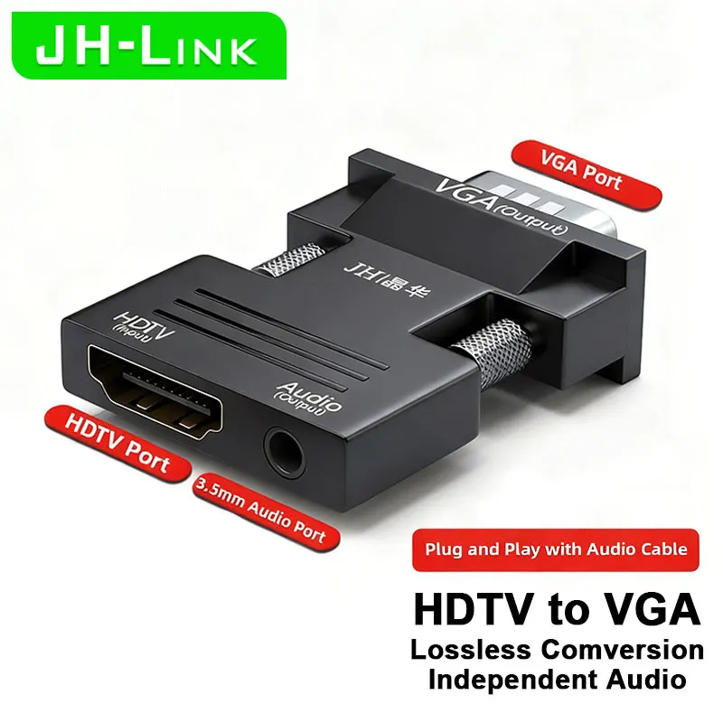 HDMI Female to VGA Male Adapter with Audio Cable, Ideal for Projectors, PCs, HDTVs and Set-Top Boxes