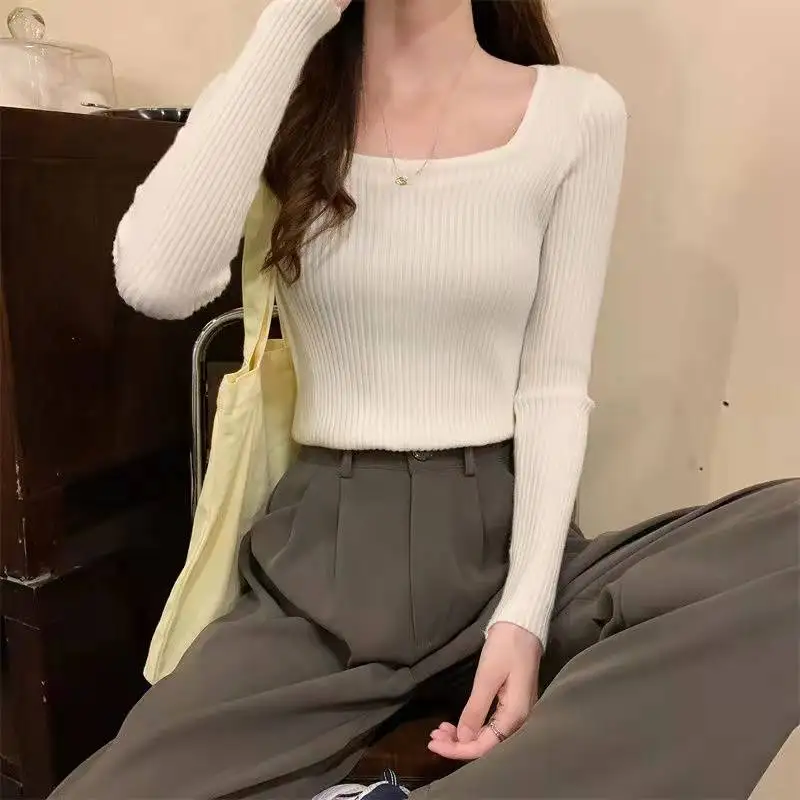 Lucyever 2022 Basic Square-neck Solid Pullover Women High Quality Slim Fit Casual Knitted Sweater Spring Long Sleeve Sweaters