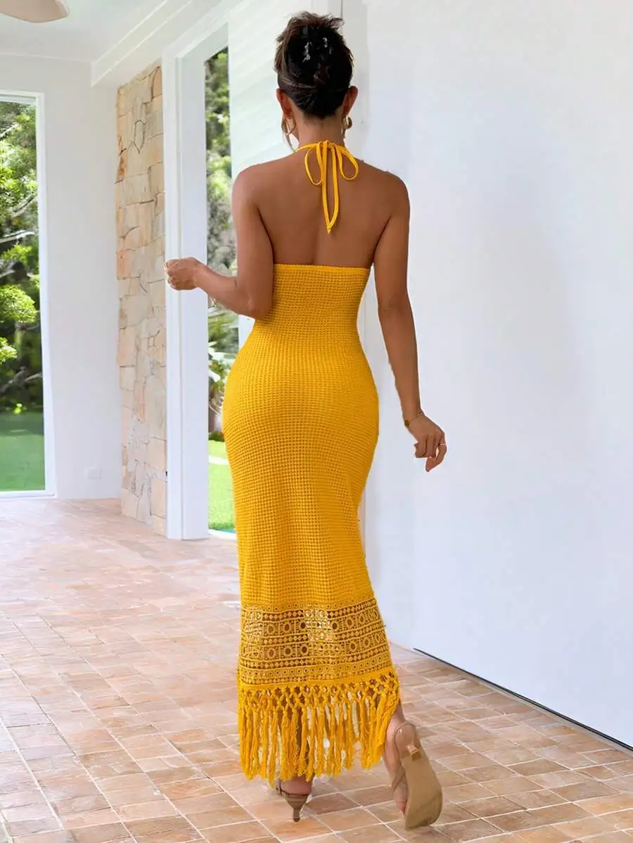 

Yellow Crochet Halter Neck Long Dress With Fringe Boho Summer Beach Vacation Outfit