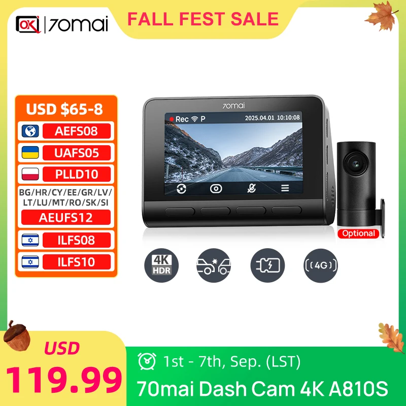 70mai A810S 4K Dash Cam with GPS, ADAS, Parking Monitor