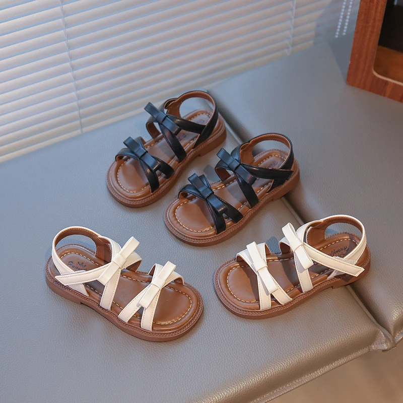 

Сандалии с бантом для девочек 1–18 лет, бежевые римские туфли с открытым носком для девочек, новые летние черные модные детские сандалии для детей, обувь